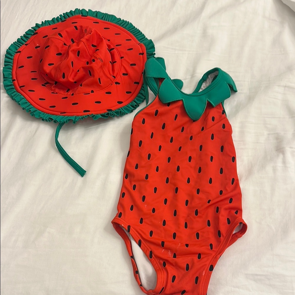 Watermelon-Themed Swimsuit and Hat Set